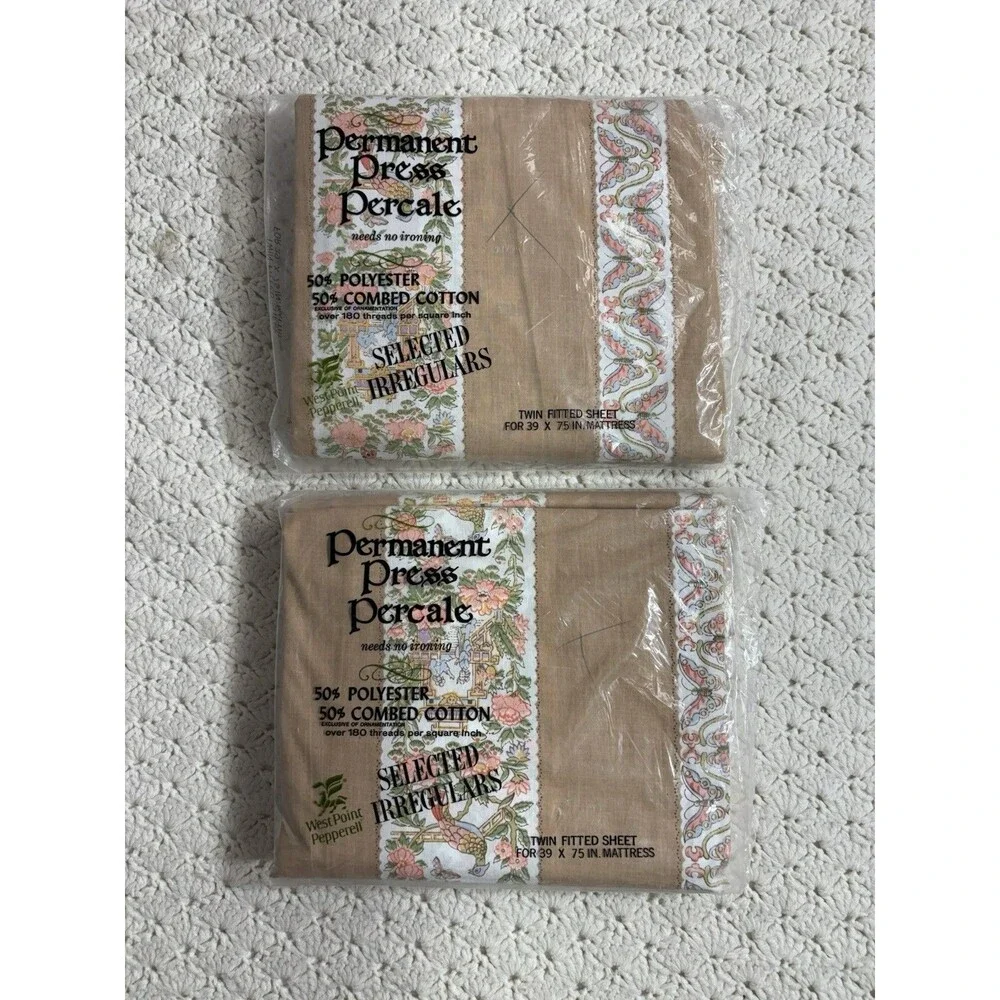2 Vtg WEST POINT PEPPERELL 50/50 Polyester Cotton Tan USA Twin Fitted Sheets NOS